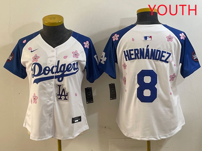 Youth Los Angeles Dodgers #8 Hernandez White Blue Sakura Edition 2025 Nike MLB Jersey style 9->youth mlb jersey->Youth Jersey